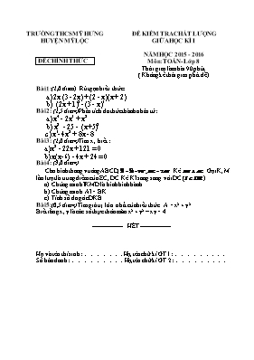 Đề kiểm tra chất lượng giữa học kì I năm học 2015 - 2016 môn Toán- lớp 8